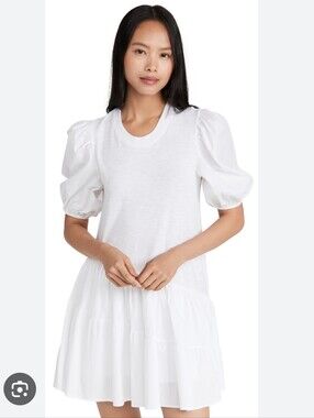 cinq a sept White Puff-Sleeve Tiered Mini Cotton  Dress Size XL